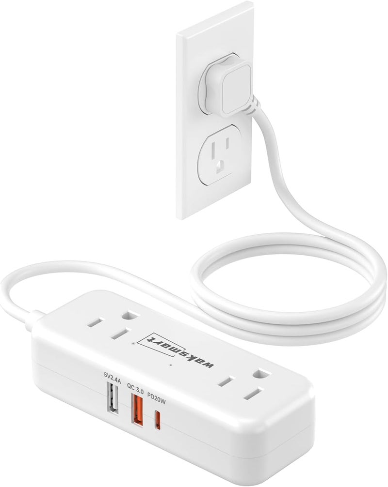 Waksmart PD20W Flat Plug Power Strip -3 Ft Flat Plug Extension Cord with 4 AC Outlets 3 Quick Charging USB Ports, Flat Outlet Wall Plug Compact for College Dorm, Travel, Home, Office Desk Accessories - Image 1